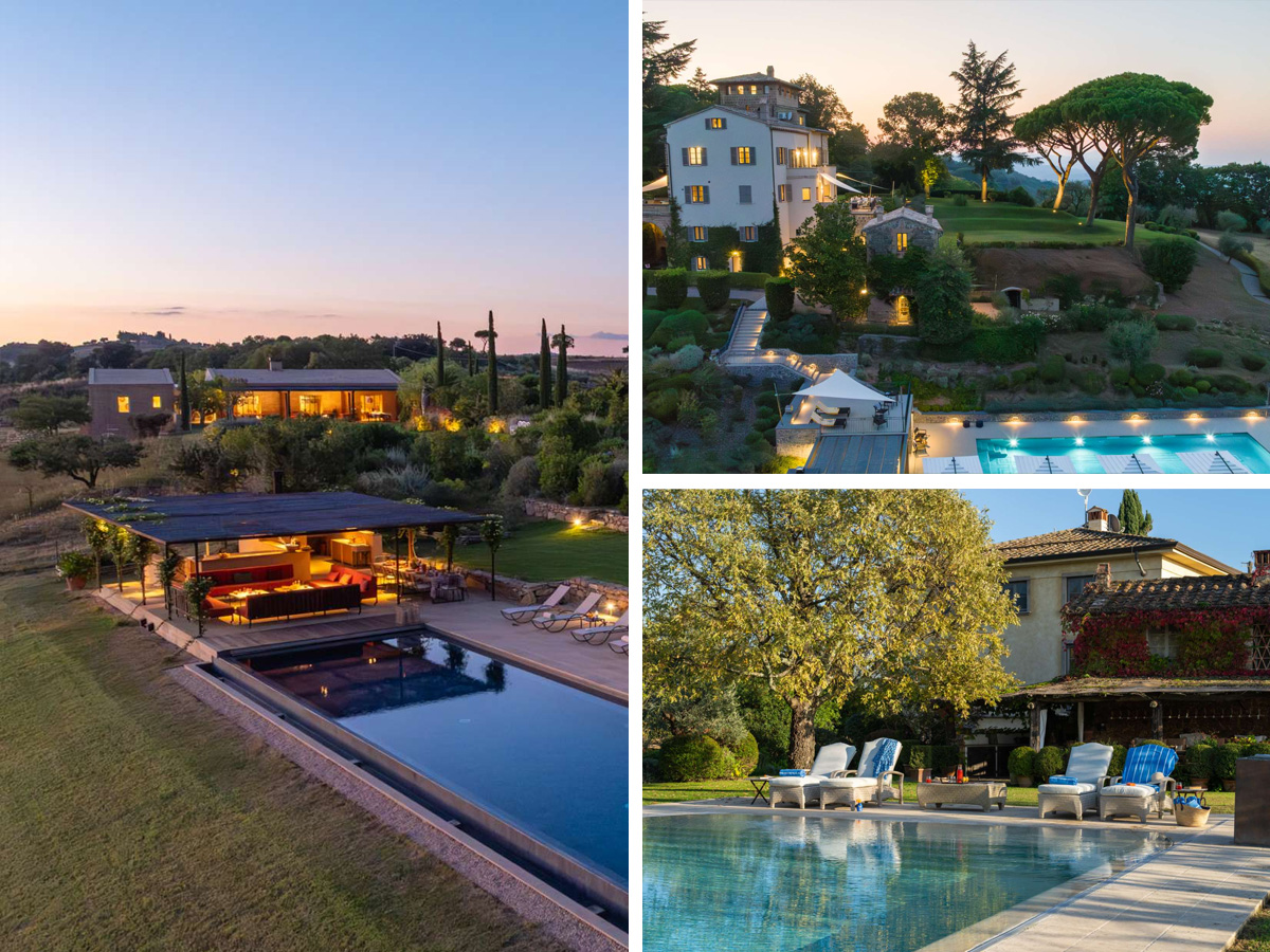 Best Family Villas for Multi-Generational Stays – Sartomare, Villa Cieli & Villa Clara Collage featuring three family-friendly Italian villas ideal for multi-generational stays: Sartomare with its modern hilltop design and panoramic pool; Villa Cieli surrounded by landscaped terraces and an illuminated pool; and Villa Clara, a traditional Tuscan villa with gardens, loungers and a serene poolside setting.