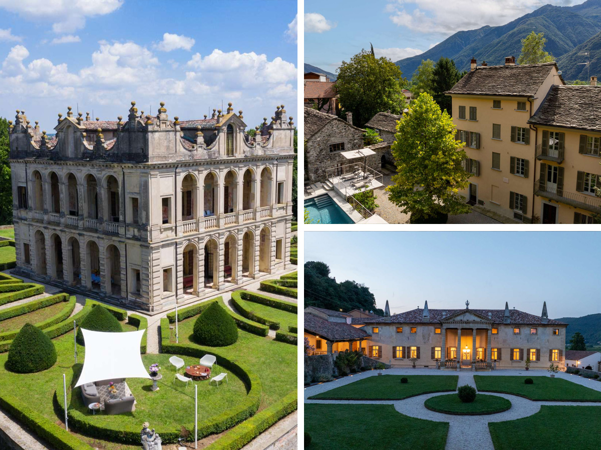 Collage featuring three exceptional Italian heritage villas: Ca’ Fortebraccio with its grand symmetrical façade and sculpted formal gardens; Ca’ Corniolo Maggiore, a lakeside stone residence framed by mountains and a pool terrace; and Ca’ di Lista, a historic Veneto estate with a courtyard garden and softly illuminated villa exterior at dusk.