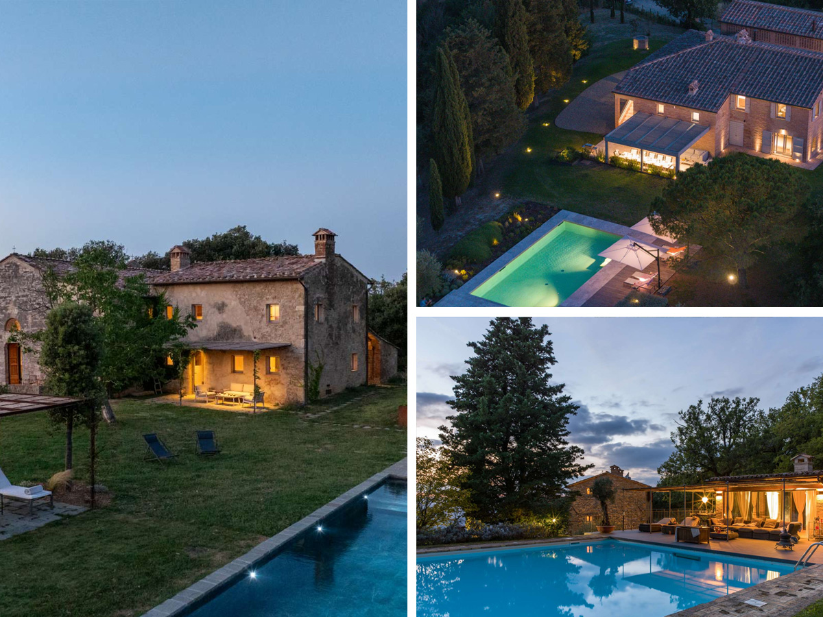 Best Villas for Unwinding Away from the Crowds – Poderesole, Pieve di Ponsano & Le Gorgacce Collage showcasing three secluded Italian villas ideal for unwinding away from the crowds: Poderesole, a rustic stone farmhouse with a serene pool at dusk; Pieve di Ponsano, surrounded by cypress trees with an illuminated pool terrace; and Le Gorgacce, offering a peaceful countryside setting with a spacious pool and covered outdoor lounge.