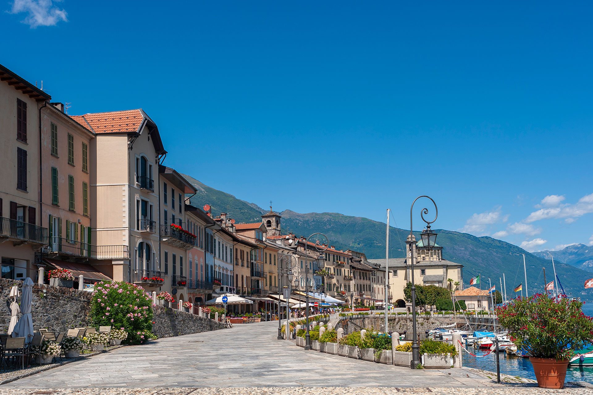 Promenade with historic house facades in Cannobio in Piedmont in Italy