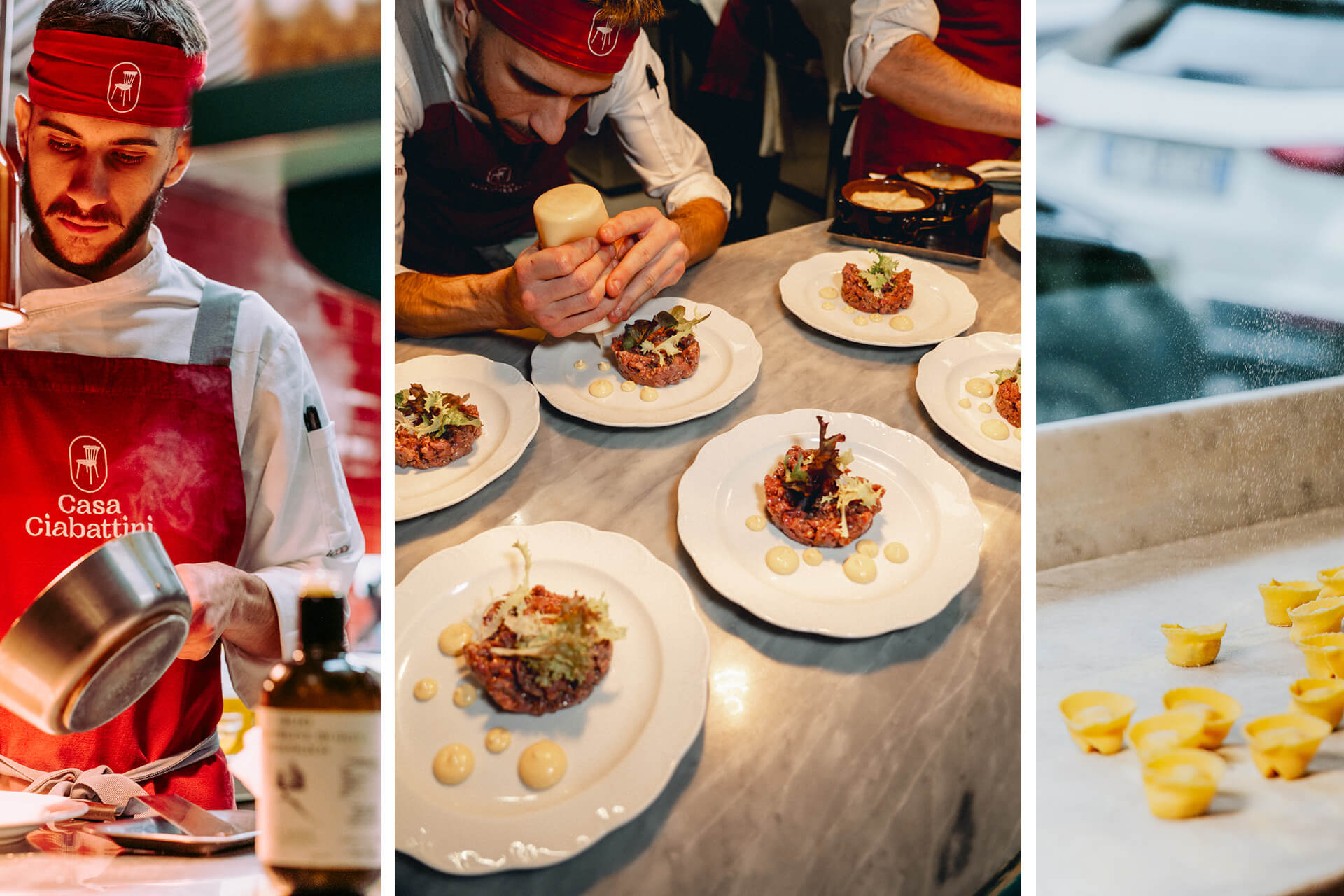 Chefs preparing gourmet dishes in the kitchen at Casa Ciabattini restaurant