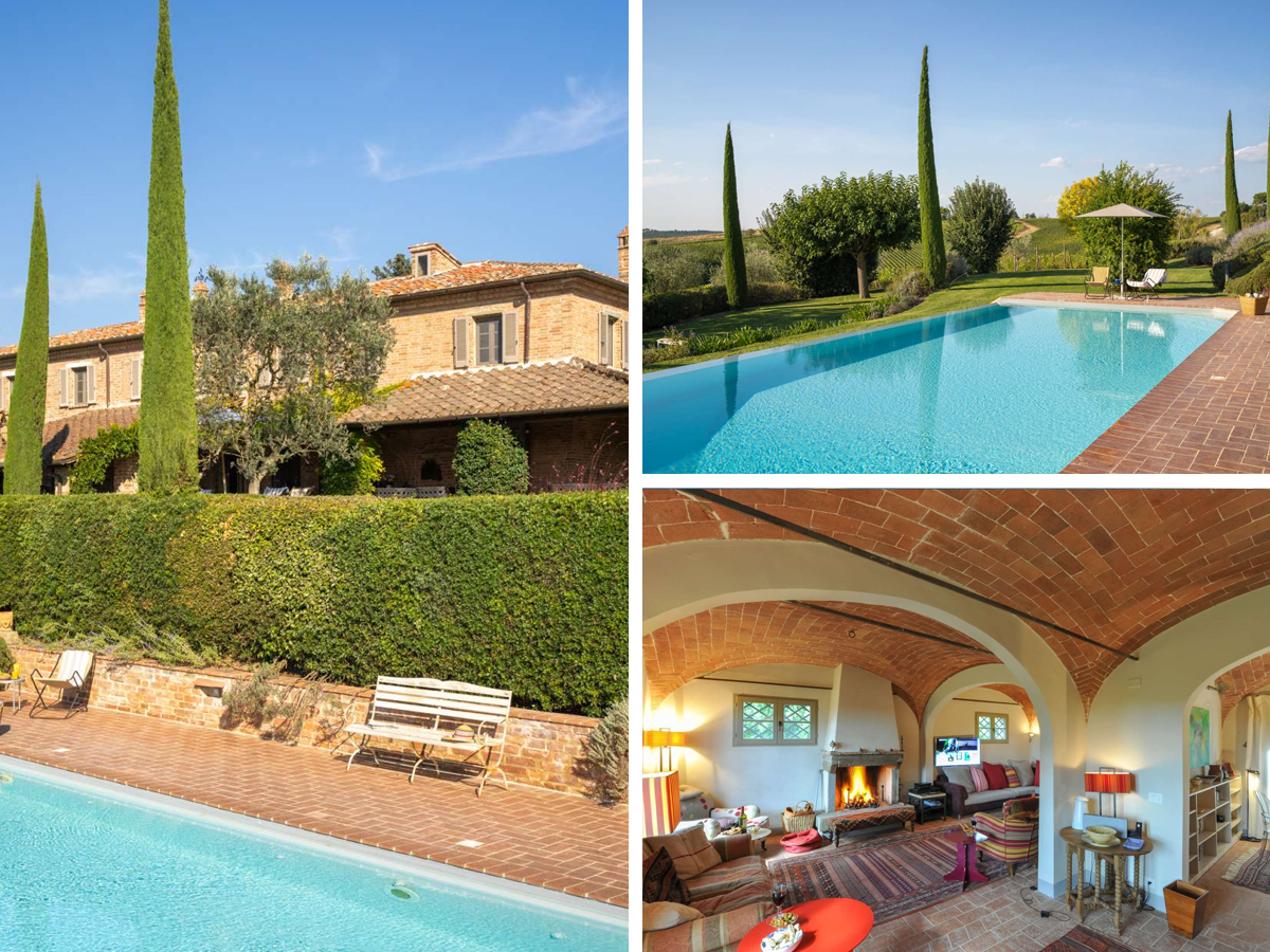 Villa di Masseto – Elegant Tuscan Villa with Pool, Classic Interiors & Outdoor Dining Collage of La Badiole villa in Tuscany: terracotta villa with cypress trees and pool, garden with loungers, and cozy vaulted living room with fireplace