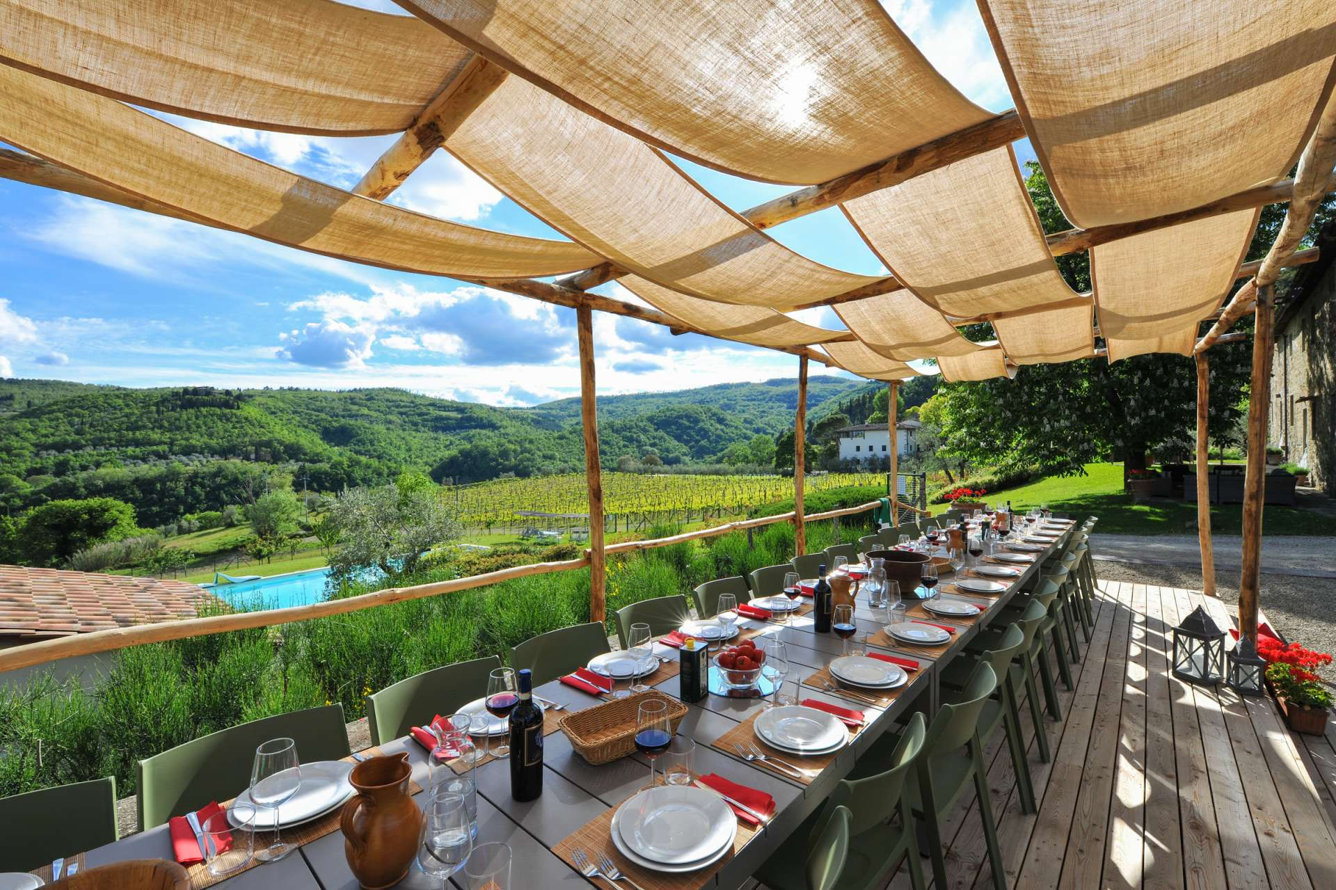 The Estate of Petroio with Staff and Cook The shaded dining terrace by Il Borgo is sheltered by sail canopies for alfresco meals throughout the day