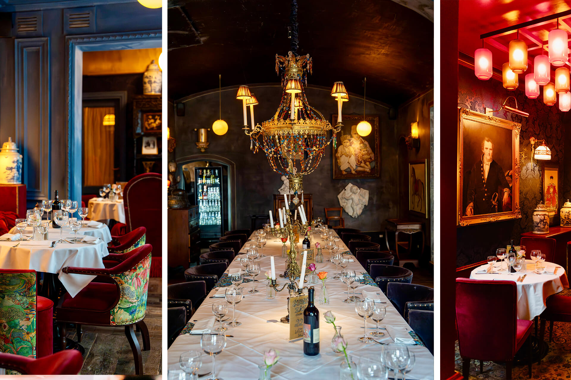 Elegant dining room at Trattoria Za Za with long candlelit table and chandelier