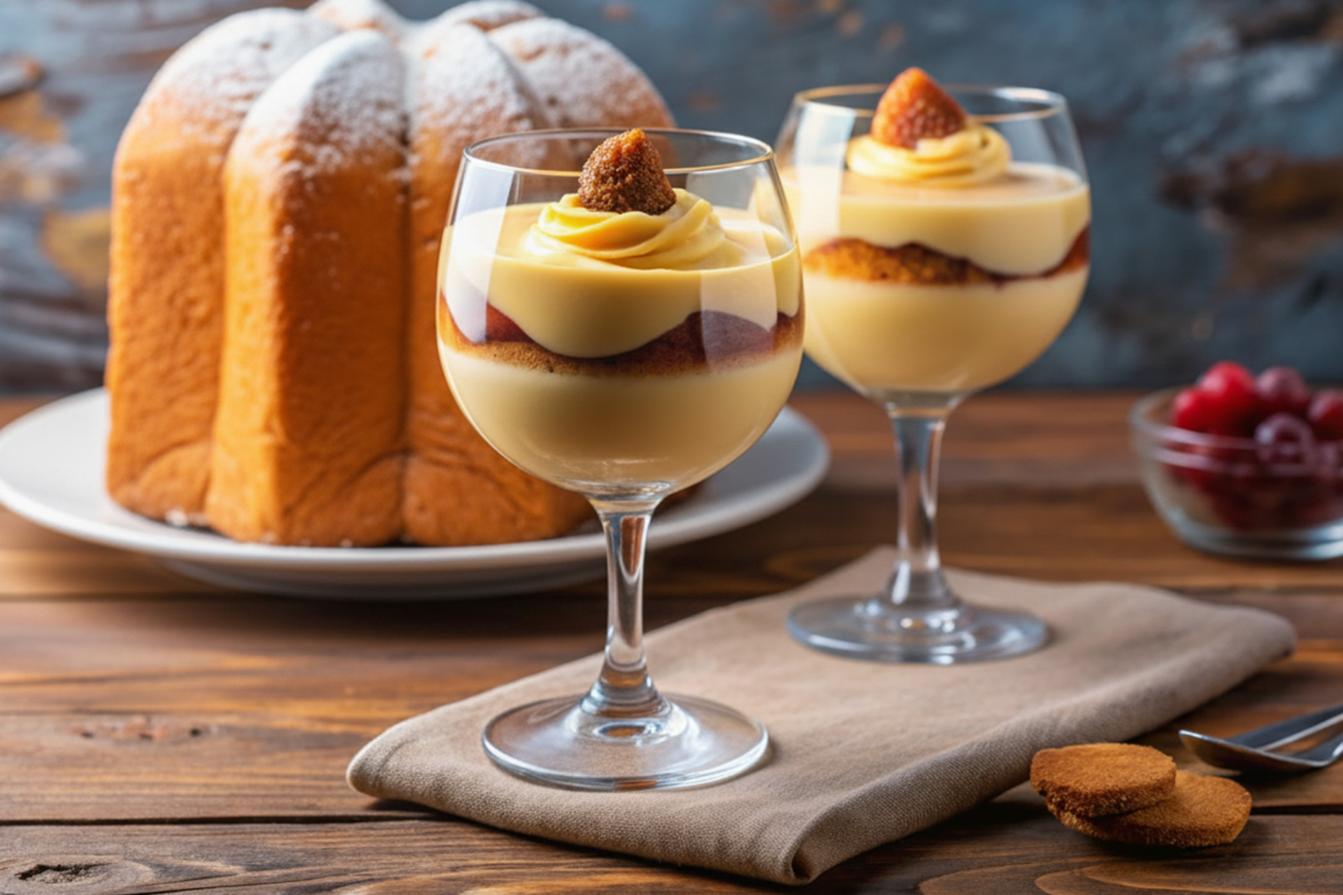 Zabaione poured over Pandoro cake – festive Italian Christmas pudding dessert