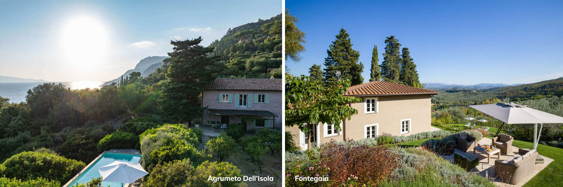 Agrumeto Dell’Isola coastal Tuscan villa with sea views and Fontegaia countryside villa with panoramic terrace