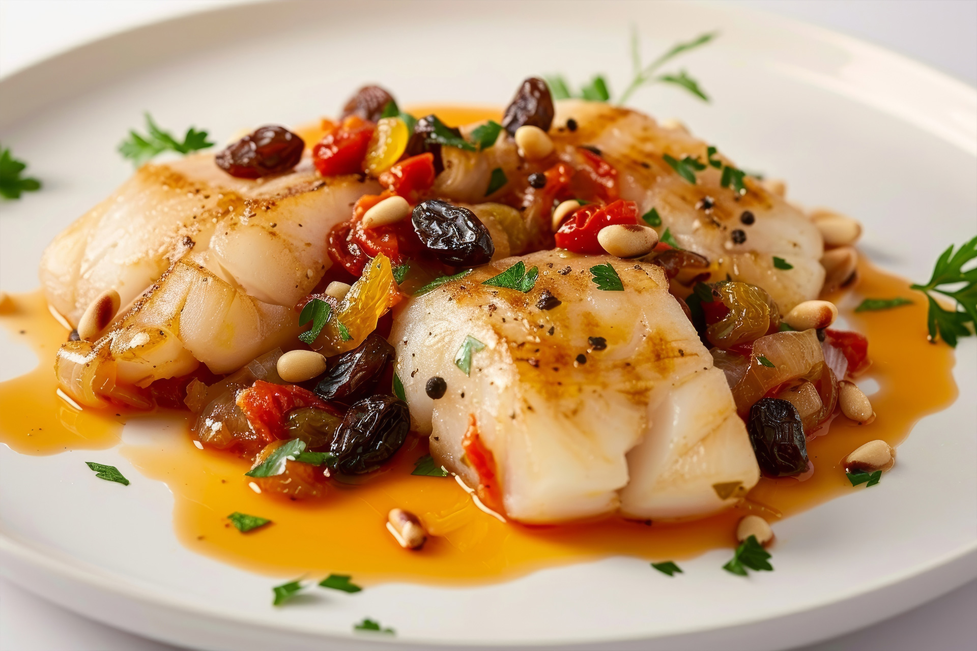 Italian salt cod with onions, pine nuts, sultanas and saffron – Christmas Day main course