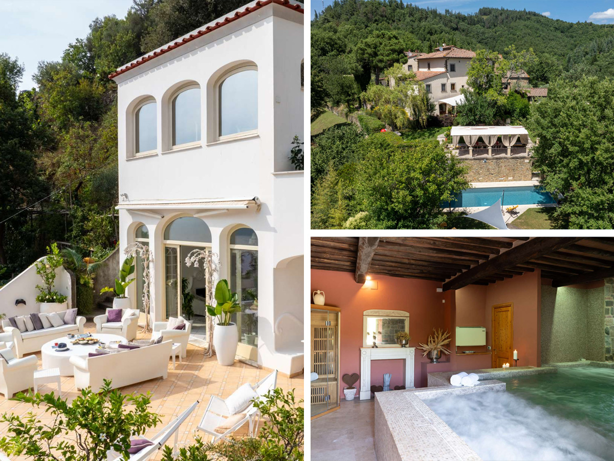 Best Villas for Wellness & Rejuvenation – Valdimora, Villa Albizi & Fraloga Collage showcasing three Italian villas ideal for wellness and rejuvenation: Valdimora with its bright Mediterranean-style terrace; Villa Albizi surrounded by lush forested hills and a tranquil pool; and Fraloga featuring an indoor spa area with a hot tub, stone walls and warm ambient lighting.