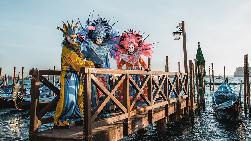 Colorful carnival masks at a traditional festival in Venice, Italy