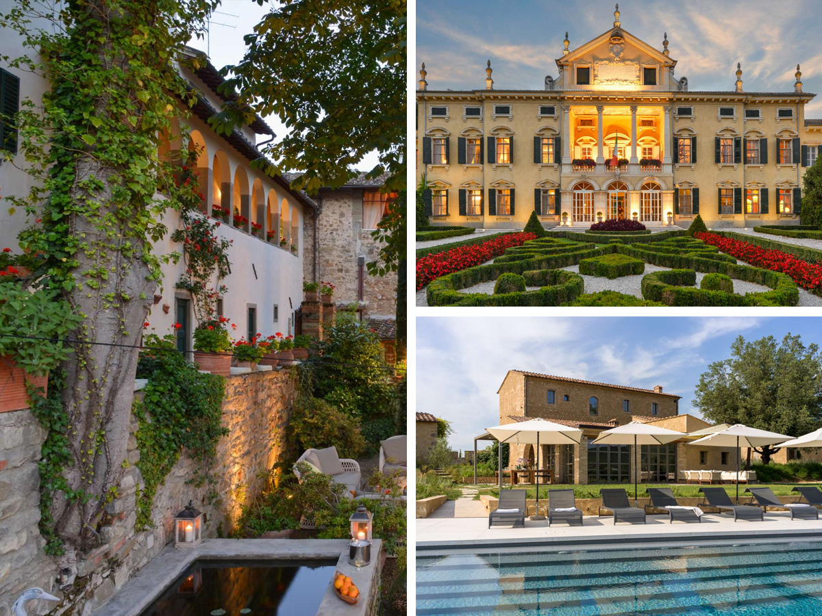 Collage showcasing three of Italy’s best fully staffed villas: Tenute Poggiazzi, a restored Tuscan estate with gardens; Villa Sigurtà, an elegant Venetian villa with formal gardens; and The Estate of Petroio, a Chianti property with stone farmhouses and a pool.