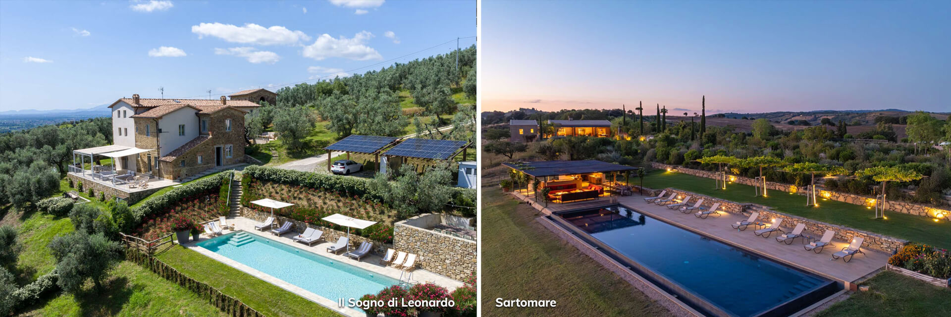 Il Sogno di Leonardo Tuscan villa with panoramic pool and Sartomare luxury countryside villa with infinity pool