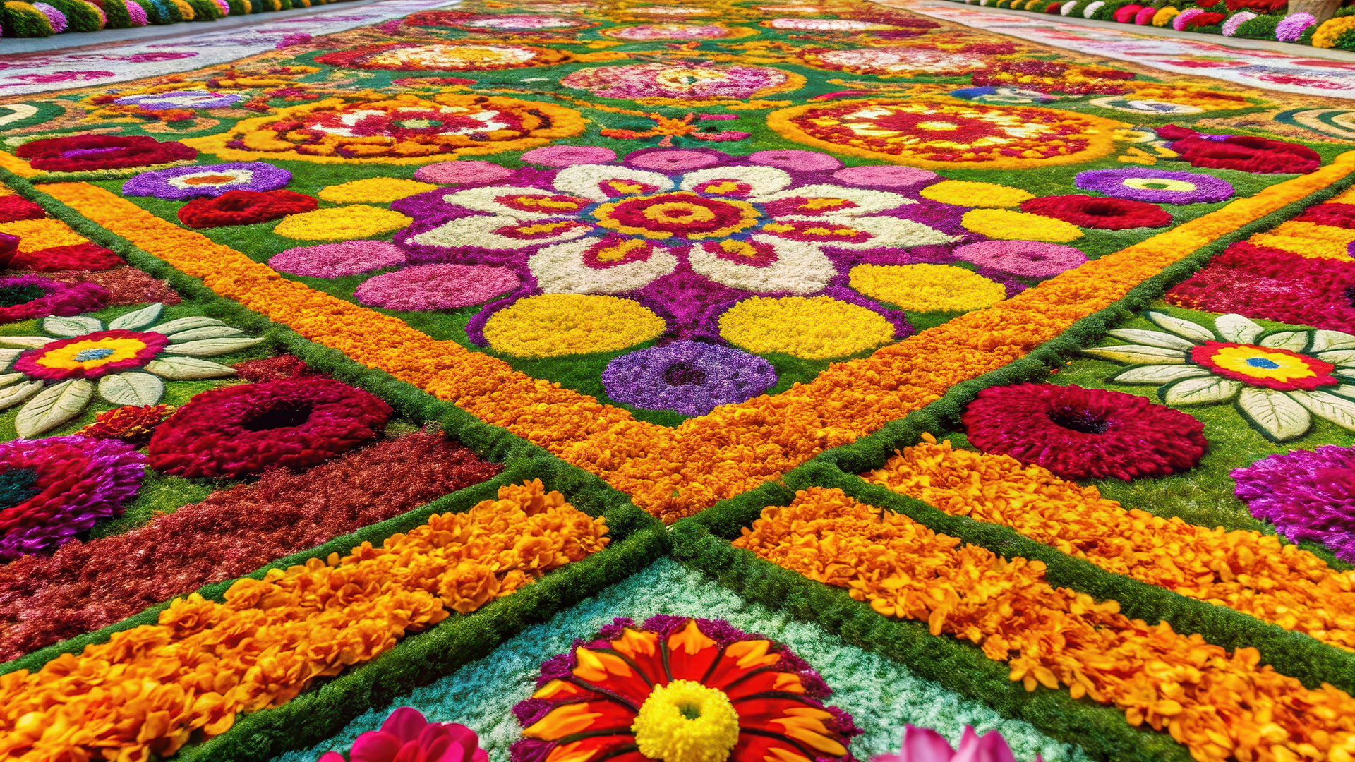 Colorful Infiorata flower carpet with intricate floral patterns decorating a historic street during a spring festival in Tuscany