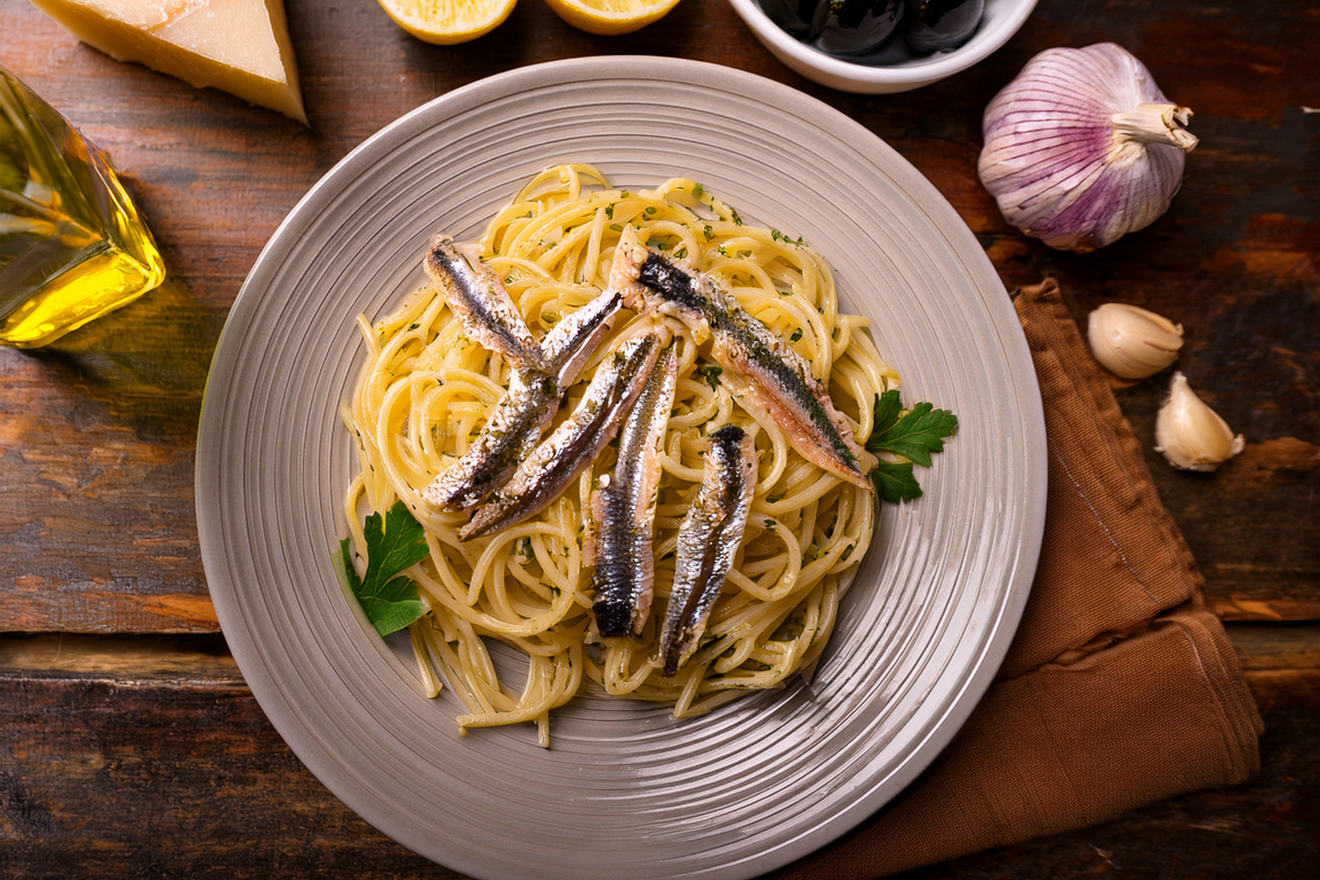 Traditional Italian linguine with butter and anchovies for Christmas Eve