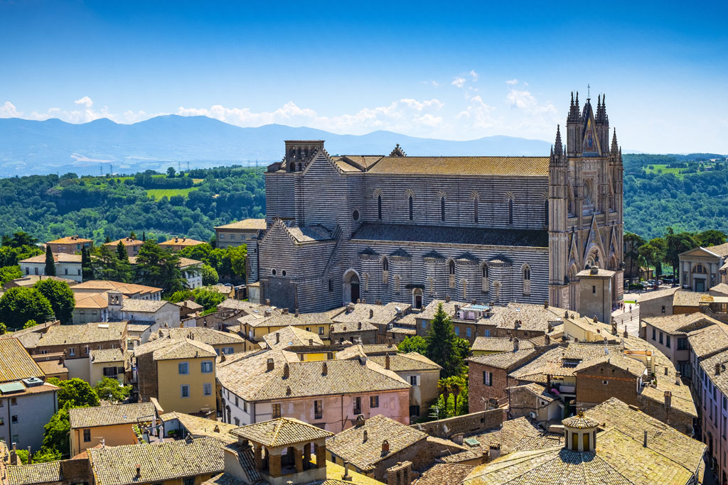 Orvieto, Italy - Panoramic view of Orvieto old town and Umbria region with Piazza Duomo square and Duomo di Orvieto cathedral