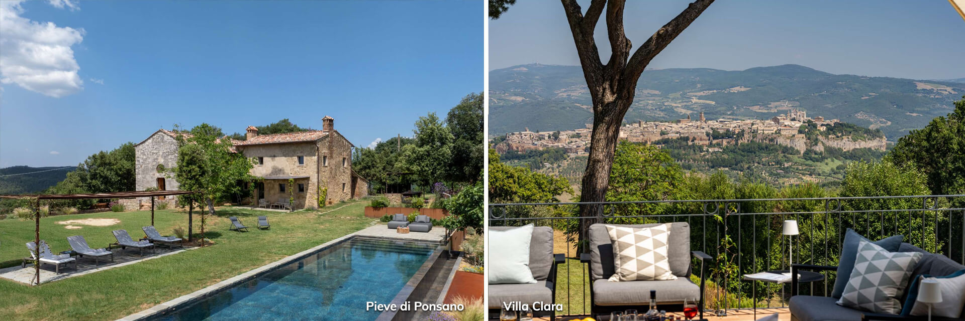 Pieve di Ponsano Tuscan farmhouse with infinity pool and Villa Clara terrace with views of Orvieto