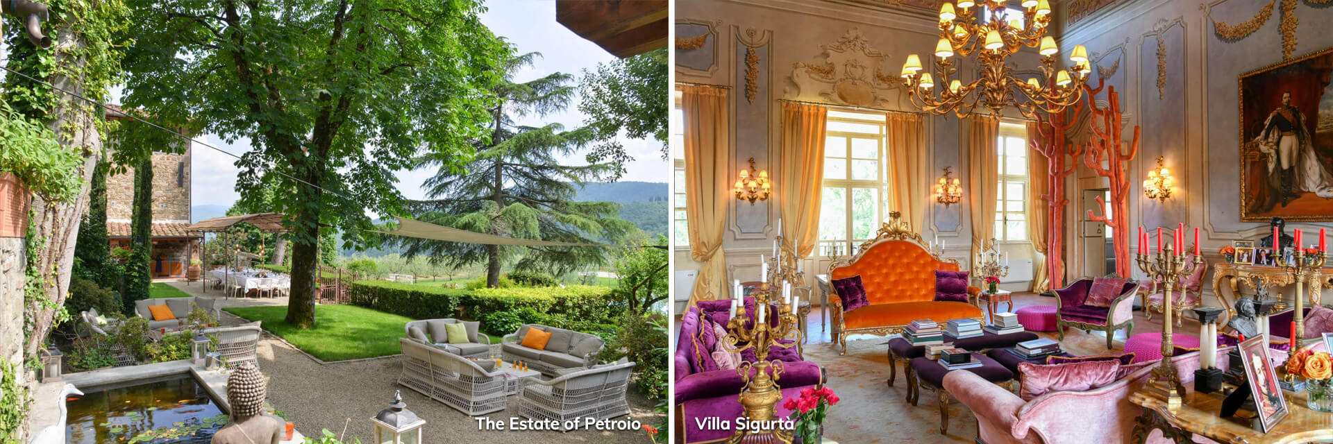 The Estate of Petroio luxury Tuscan estate with gardens and Villa Sigurtà historic villa interior with ornate decor
