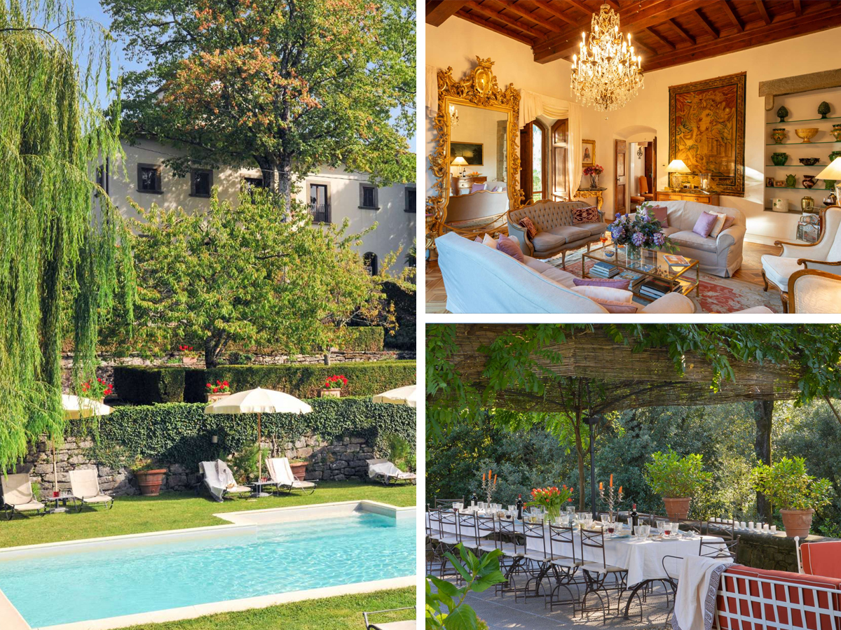 Villa di Masseto – Elegant Tuscan Villa with Pool, Classic Interiors & Outdoor Dining Collage of Villa di Masseto in Tuscany: elegant private pool with garden, chandelier-lit living room with antique decor, and shaded outdoor dining area