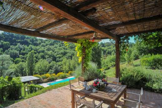 L’Olmo (x 4 people) with Staff and Cook - Shaded loggia by the villa looking onto the pool