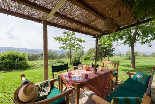 Podere Guicciardini - One of two shaded dining areas, this one at the back of the villa in the garden