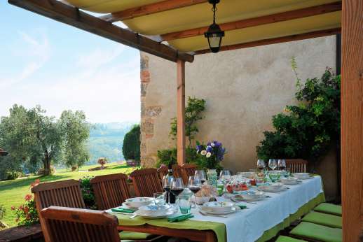 San Leolino (x 10 people) with Staff and Cook - One of two outside dining areas by the barbecue area under the gazebo at the right of the property