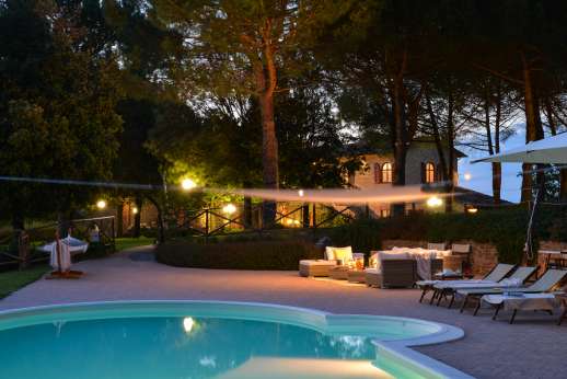 Weddings at Villa Ostignano - The swimming pool, 13 x 6m/43 x 20 feet, is set about 60m/200 feet with shaded lounge area close to it