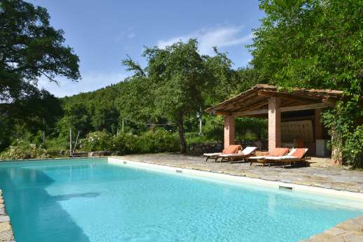 La Pergola di Montegiove -The pool is set across a level lawn from the house, with a large loggia for shade.
