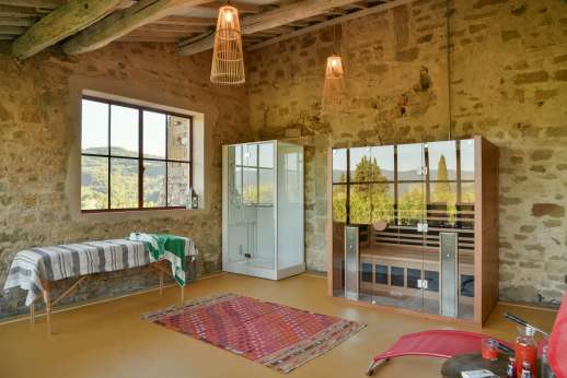 The Estate Of Petroio with Staff and Cook - The multi-functional relaxation area complete with a massage bed, infrared sauna, bathroom with shower