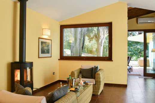 Delpietre - Living area wrapping around a modern wood-burning stove