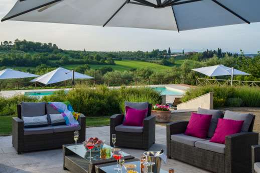 Santa Gelsa - At sunset, hop on over to the large, shaded outdoor living area, just above the swimming pool, for a glass of wine and plate of crostini Toscani.