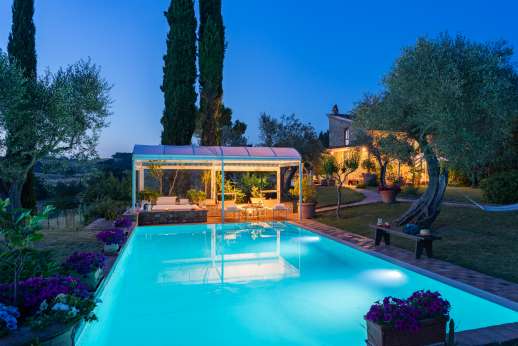 Colli Fiorentini - Pool terrace with shaded pergola.