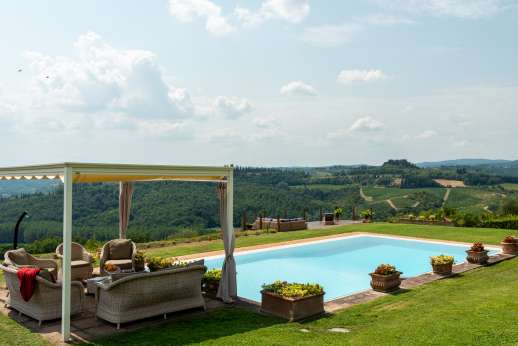San Leolino (x 10 people) with Staff and Cook - The pool reflecting the blue Tuscan sky and the view of the rolling hills of San Gimignano