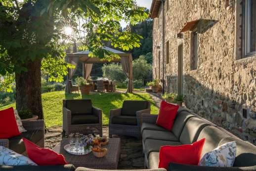 The Estate of Petroio with Staff and Cook - Open air living area with comfortable sofa shaded by a large chestnut tree.